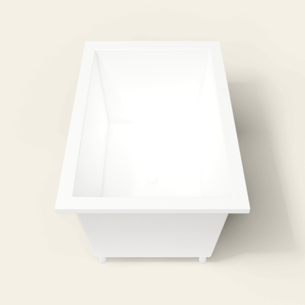Omnitub 1400×900 white deep soaking bath — end view, with feet [render:1_end_view:feet]