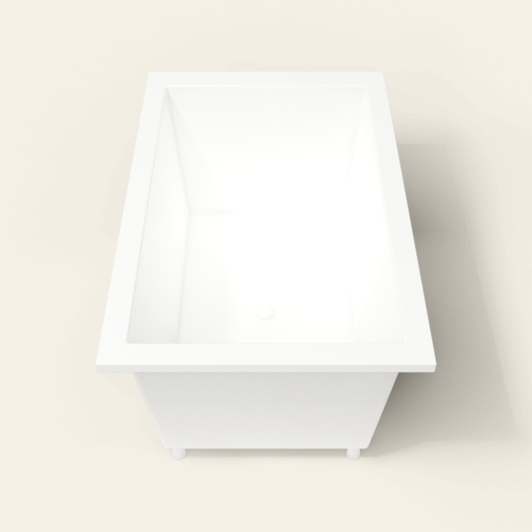 Omnitub 1400×900 white deep soaking bath — end view, with feet [render:1_end_view:feet]