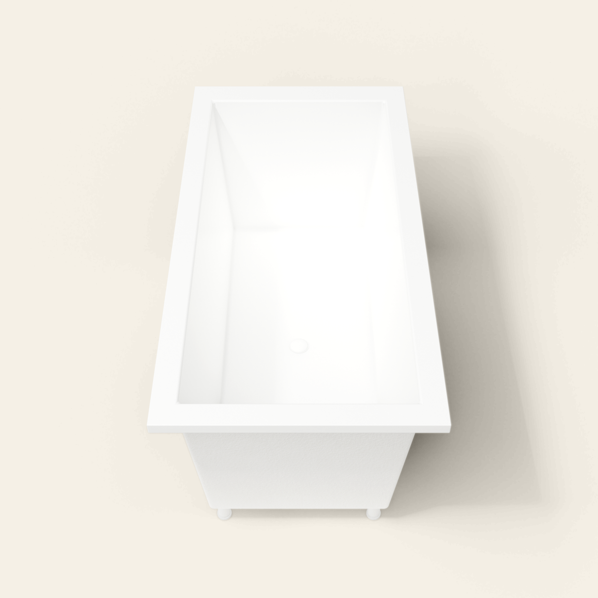 Omnitub 1600×800 white deep soaking bath — end view, with feet [render:1_end_view:feet]