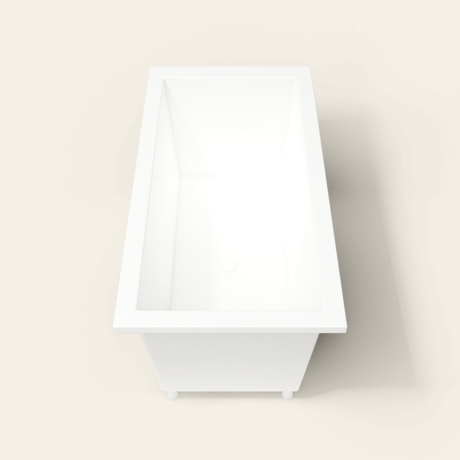 Omnitub 1600×800 white deep soaking bath — end view, with feet [render:1_end_view:feet]