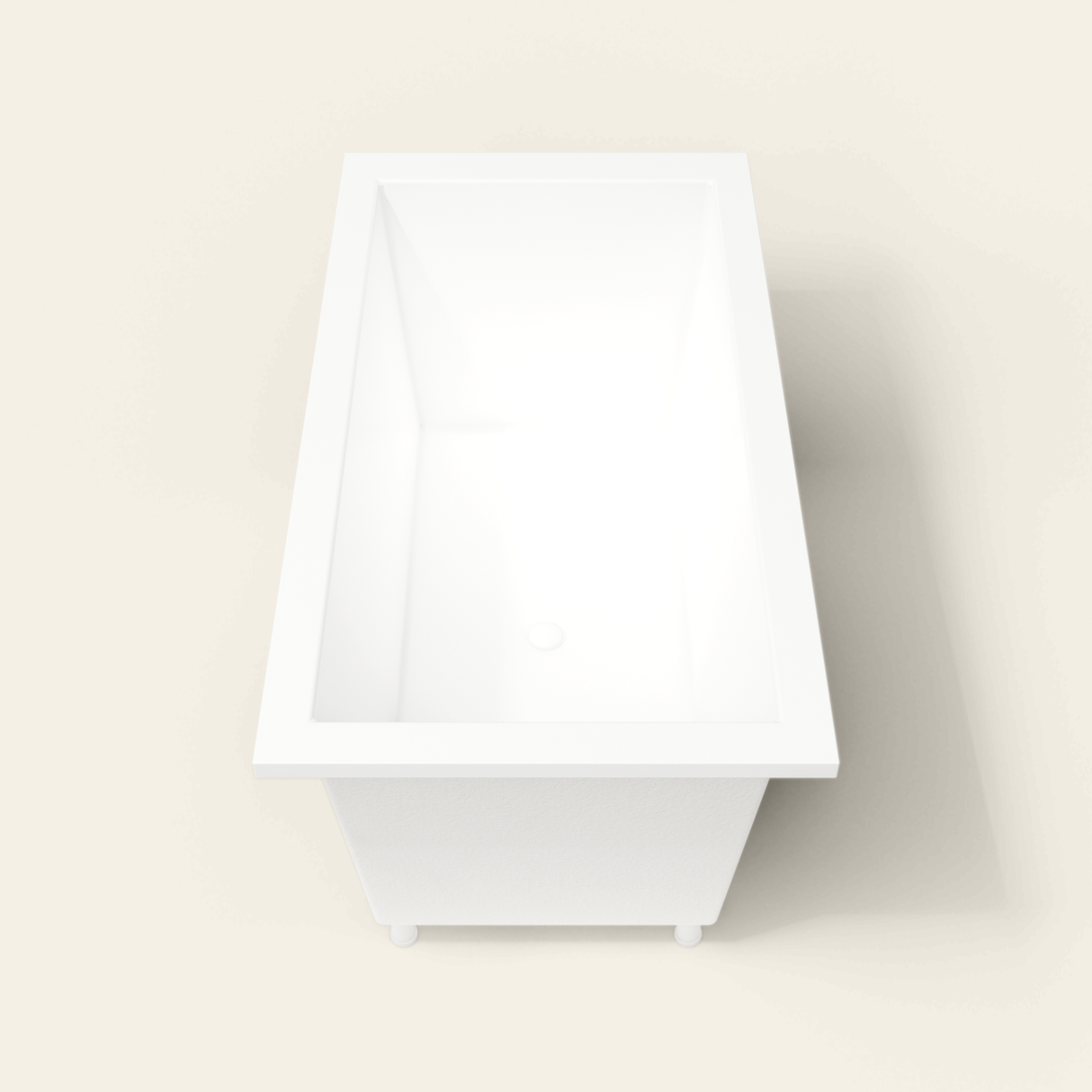 Omnitub 1500×800 white deep soaking bath — end view, with feet [render:1_end_view:feet]