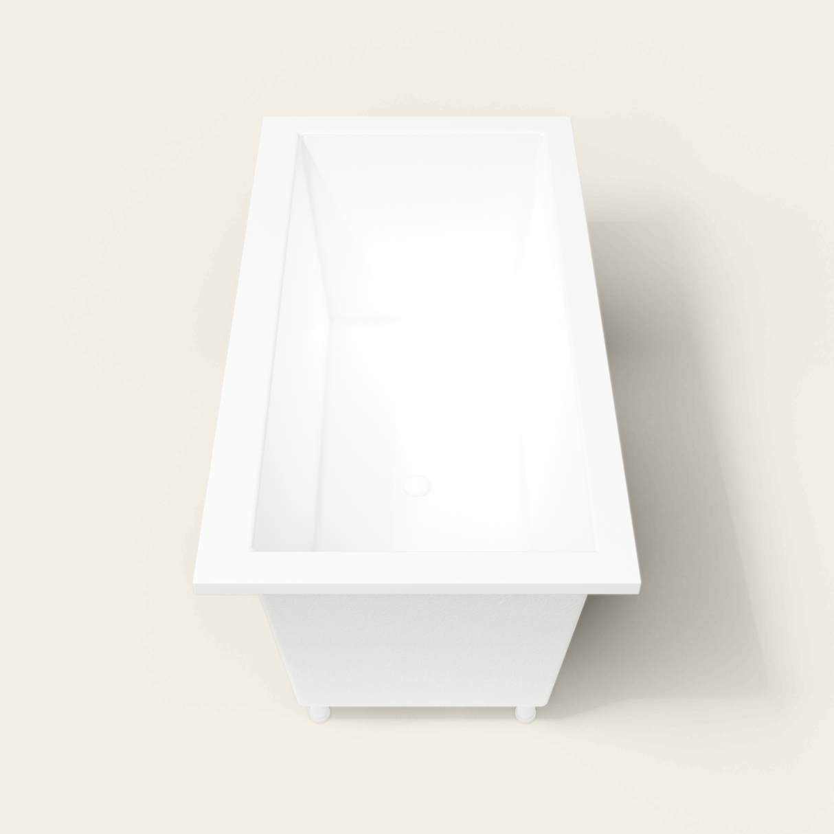 Omnitub 1500×800 B100 white deep soaking bath — end view, with feet [render:1_end_view:feet]