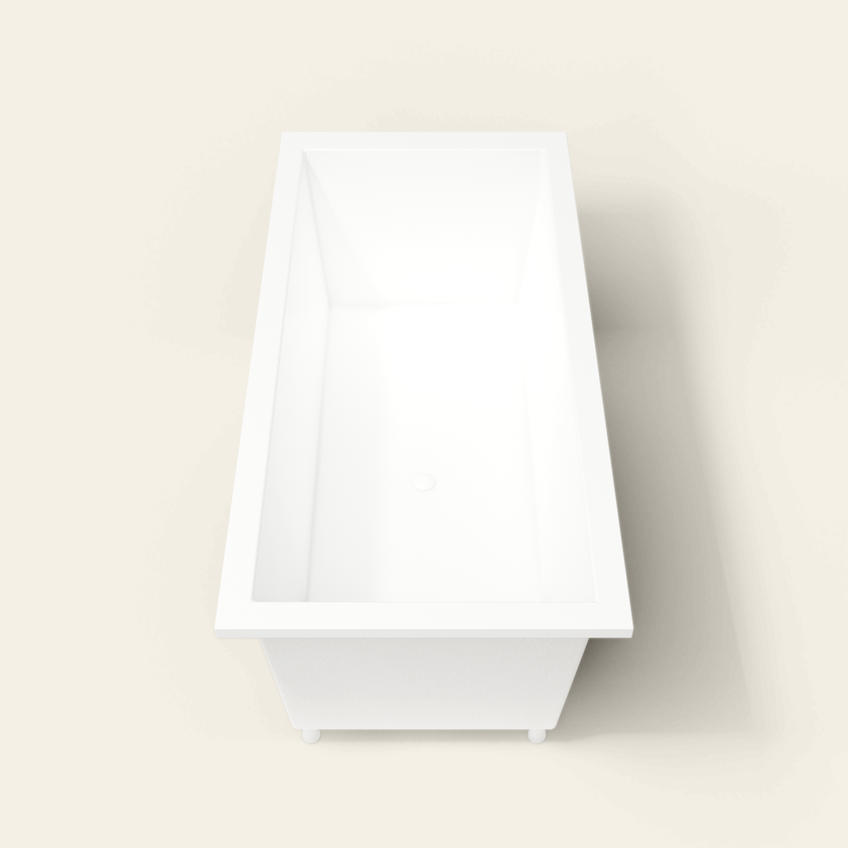 Omnitub 1900×900 white deep soaking bath — end view, with feet [render:1_end_view:feet]