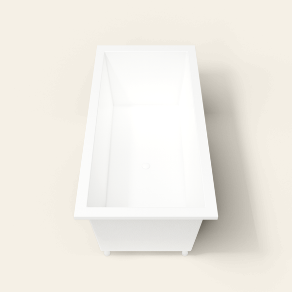 Omnitub 1900×900 white deep soaking bath — end view, with feet [render:1_end_view:feet]