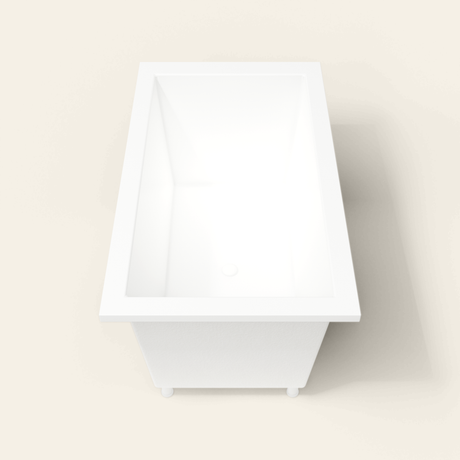 Omnitub 1400×800 white deep soaking bath — end view, with feet [render:1_end_view:feet]