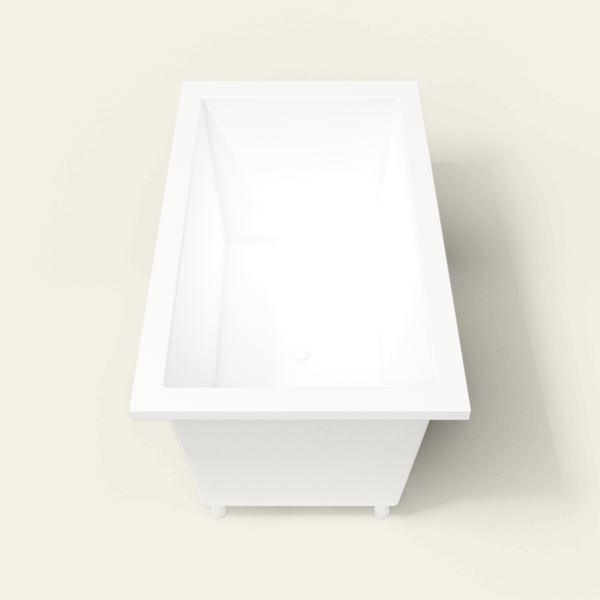 Omnitub 1400×800 white deep soaking bath — end view, with feet [render:1_end_view:feet]