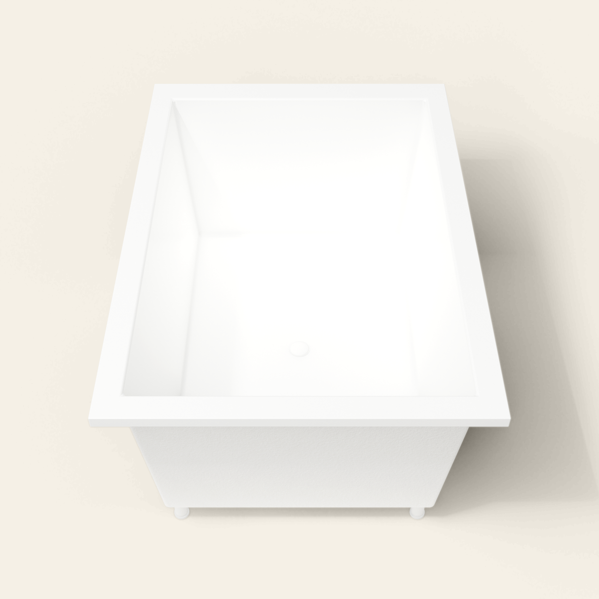 Omnitub 1500×1050 white deep soaking bath — end view, with feet [render:1_end_view:feet]