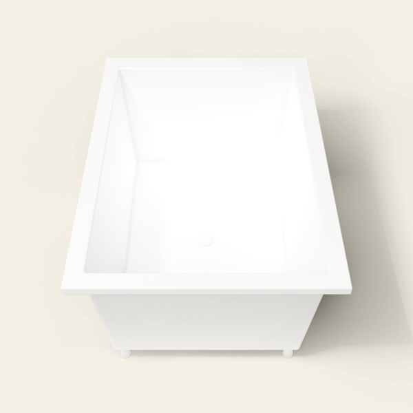 Omnitub 1500×1050 white deep soaking bath — end view, with feet [render:1_end_view:feet]