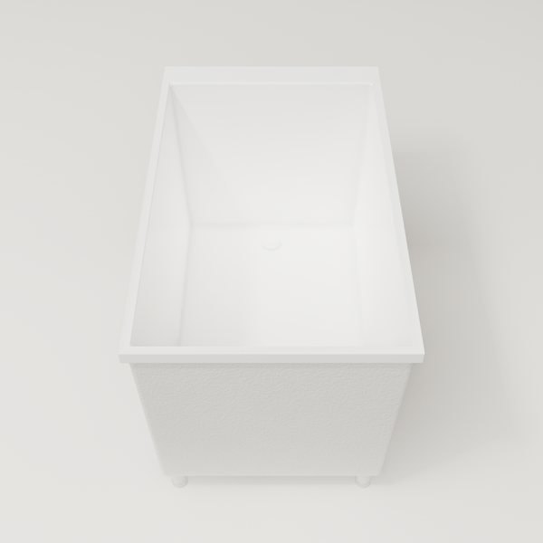 Omnitub Sheer 1200 deep soaking tub in white — 1200×700mm footprint, 600mm deep, end view, shown on feet, handmade in Britain [render:1_end_view:feet]