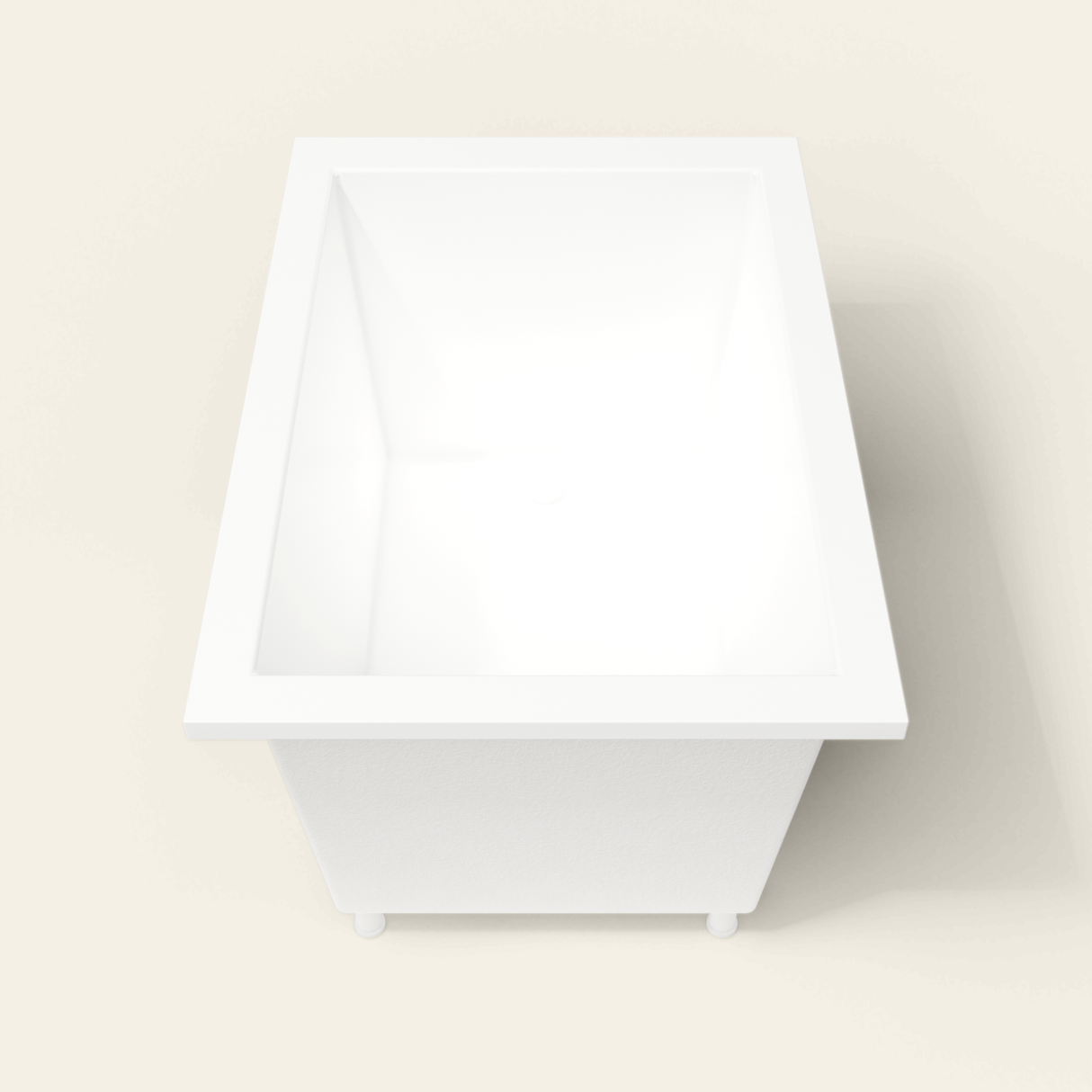 Omnitub 1250×850 white deep soaking bath — end view, with feet [render:1_end_view:feet]