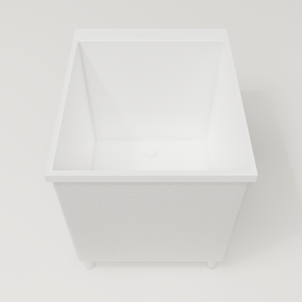 Omnitub Sheer 900 deep soaking tub in white — 900×700mm footprint, 600mm deep, end view, shown on feet, handmade in Britain [render:1_end_view:feet]