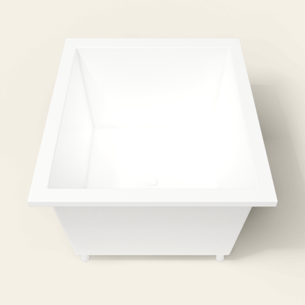 Omnitub 1250×1050 white deep soaking bath — end view, with feet [render:1_end_view:feet]