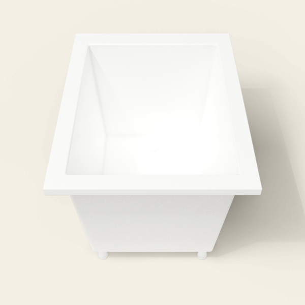 Omnitub 1050×800 white deep soaking bath — end view, with feet [render:1_end_view:feet]