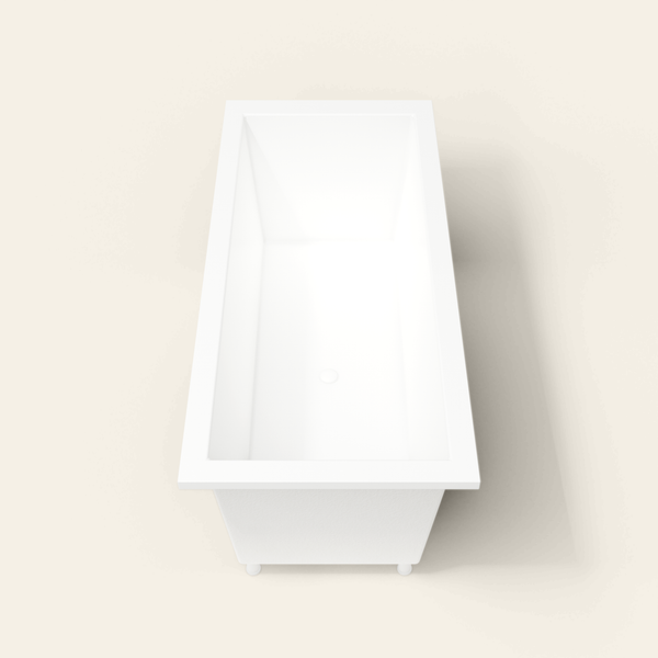 Omnitub 1800×800 white deep soaking bath — end view, with feet [render:1_end_view:feet]