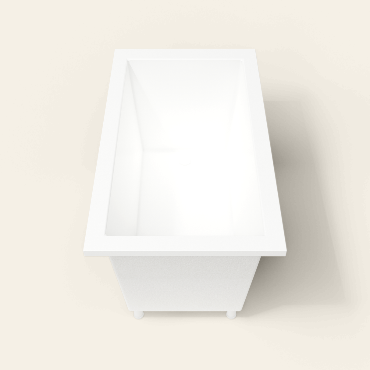 Omnitub 1350×750 white deep soaking bath — end view, with feet [render:1_end_view:feet]