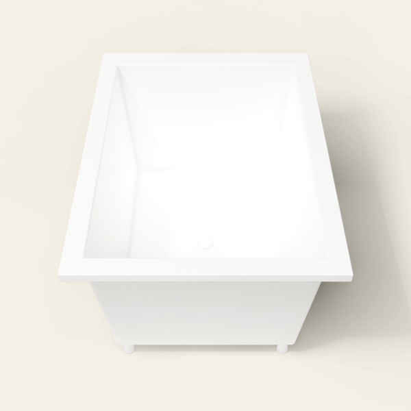 Omnitub 1300×950 white deep soaking bath — end view, with feet [render:1_end_view:feet]