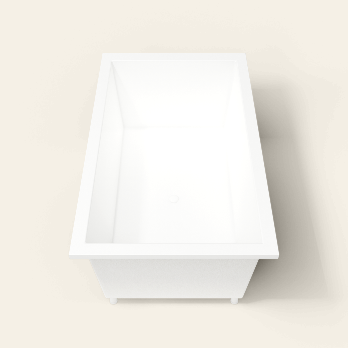 Omnitub 1800×1050 white deep soaking bath — end view, with feet [render:1_end_view:feet]