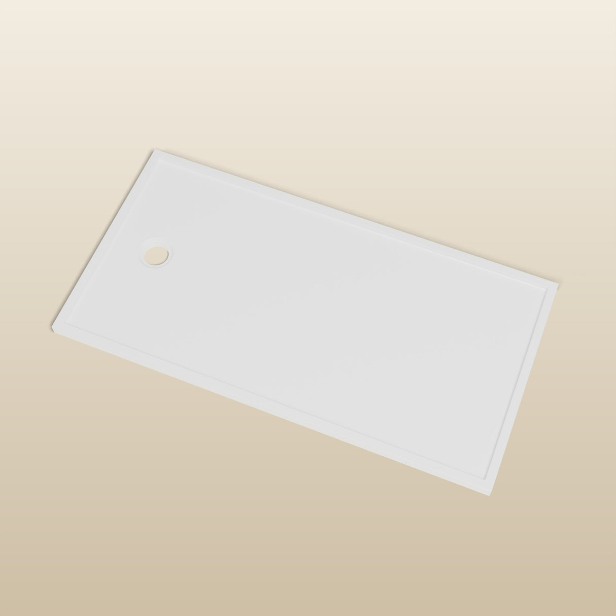 1550 × 800 Rectangular Shower Tray – 45mm Slim Non-Slip — look-down view, waste detail · Omnitub render