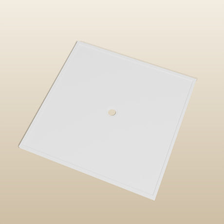 1500 × 1500 Square Shower Tray – 45mm Slim Non-Slip — look-down view, waste detail · Omnitub render