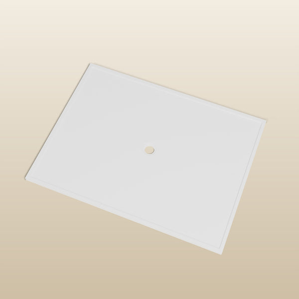 1800 × 1350 Rectangular Shower Tray – 45mm Slim Non-Slip — look-down view, waste detail · Omnitub render