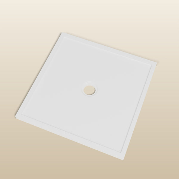 800 × 800 Square Shower Tray – 45mm Slim Non-Slip — look-down view, waste detail · Omnitub render