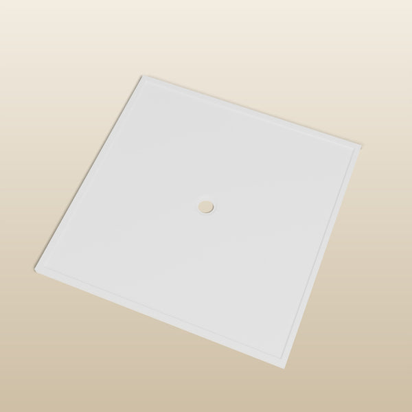 1400 × 1400 Square Shower Tray – 45mm Slim Non-Slip — look-down view, waste detail · Omnitub render
