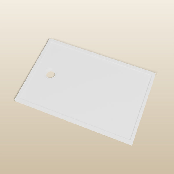1200 × 800 Rectangular Shower Tray – 45mm Slim Non-Slip — look-down view, waste detail · Omnitub render