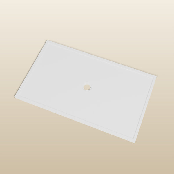 1500 × 900 Rectangular Shower Tray – 45mm Slim Non-Slip — look-down view, waste detail · Omnitub render