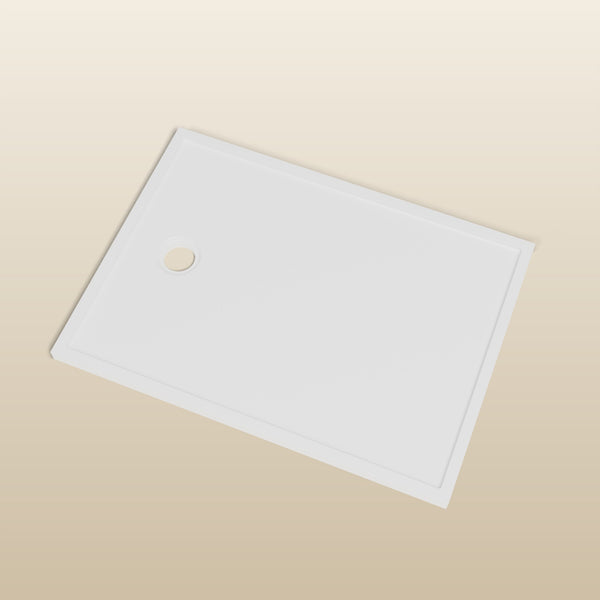 1100 x 800 Rectangular Shower Tray – 45mm Slim Non-Slip — look-down view, waste detail · Omnitub render
