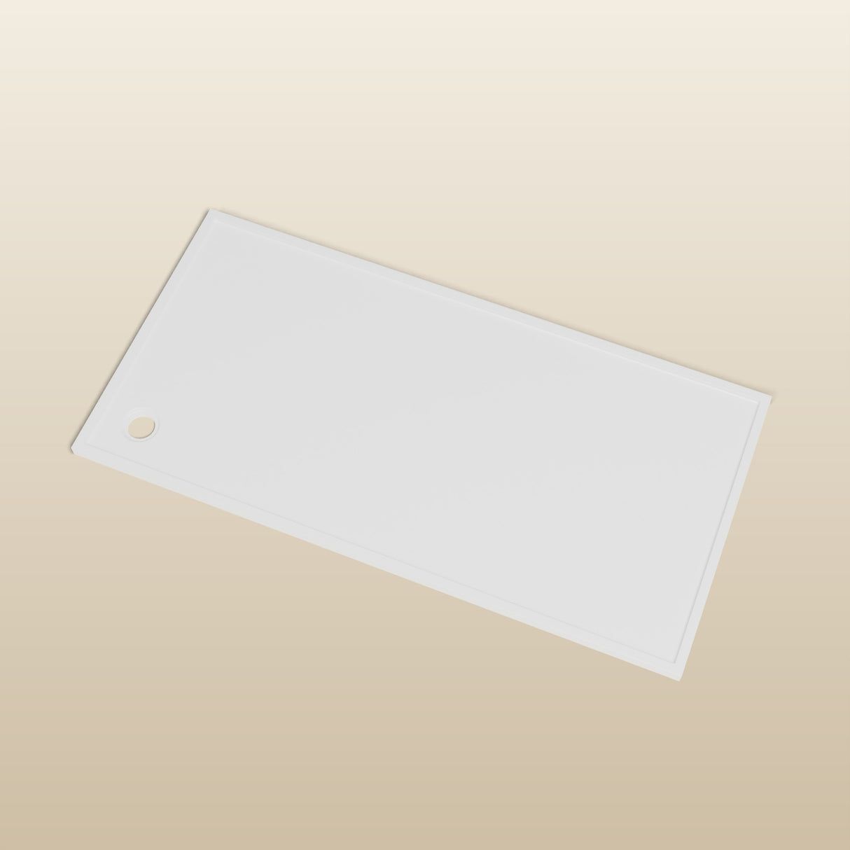 2000 × 1000 Rectangular Shower Tray – 45mm Slim Non-Slip — look-down view, waste detail · Omnitub render