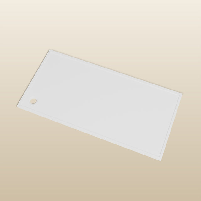 2000 × 1000 Rectangular Shower Tray – 45mm Slim Non-Slip — look-down view, waste detail · Omnitub render