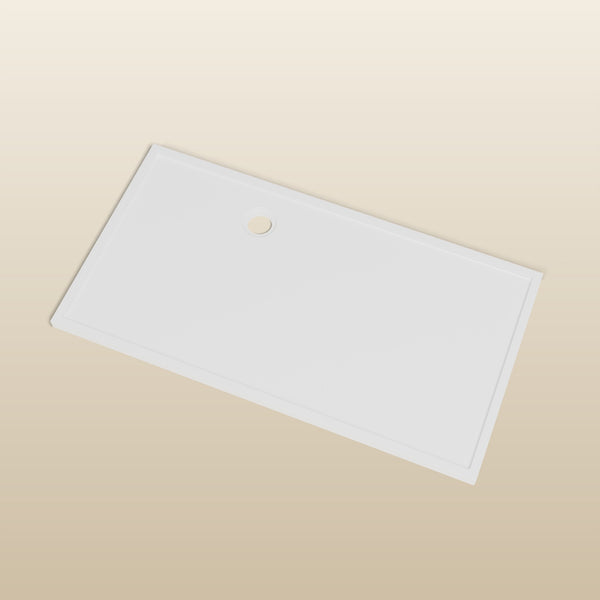 1500 × 800 Rectangular Shower Tray – 45mm Slim Non-Slip — look-down view, waste detail · Omnitub render