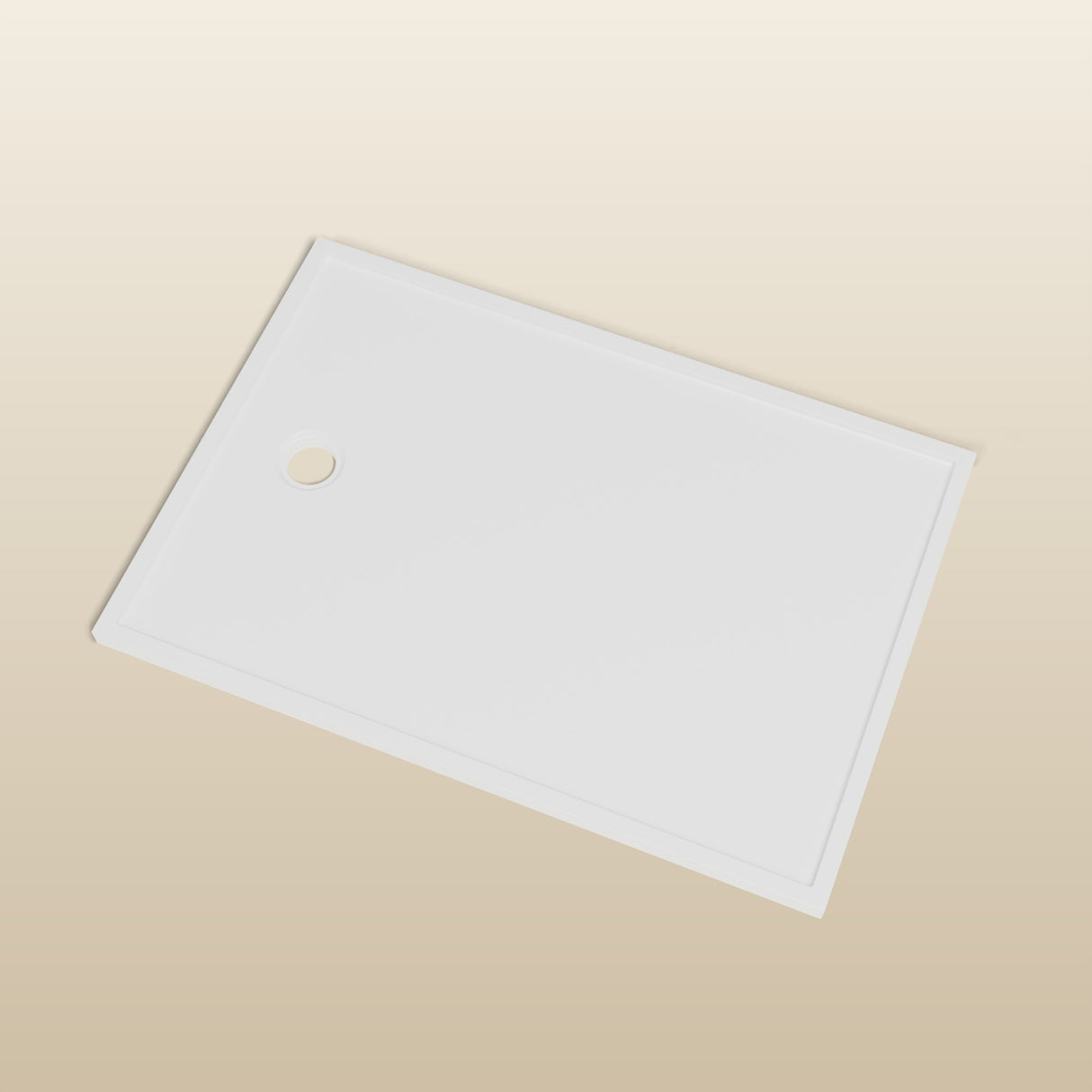1300 × 900 Rectangular Shower Tray – 45mm Slim Non-Slip — look-down view, waste detail · Omnitub render