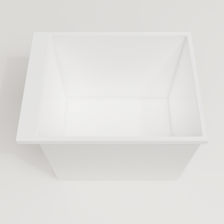 Omnitub Sheer 900 deep soaking tub in white — 900×700mm footprint, 600mm deep, looking into the deep well, handmade in Britain [render:3_deep_hero:nofeet]