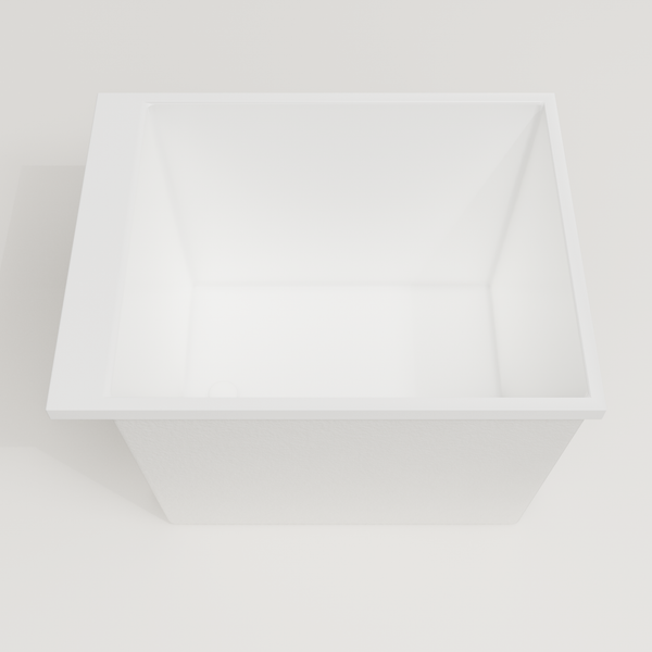 Omnitub Sheer 900 deep soaking tub in white — 900×700mm footprint, 600mm deep, looking into the deep well, handmade in Britain [render:3_deep_hero:nofeet]