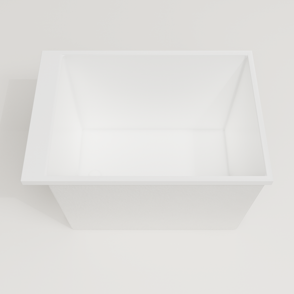 Omnitub Sheer 1000 deep soaking tub in white — 1000×700mm footprint, 600mm deep, looking into the deep well, handmade in Britain [render:3_deep_hero:nofeet]