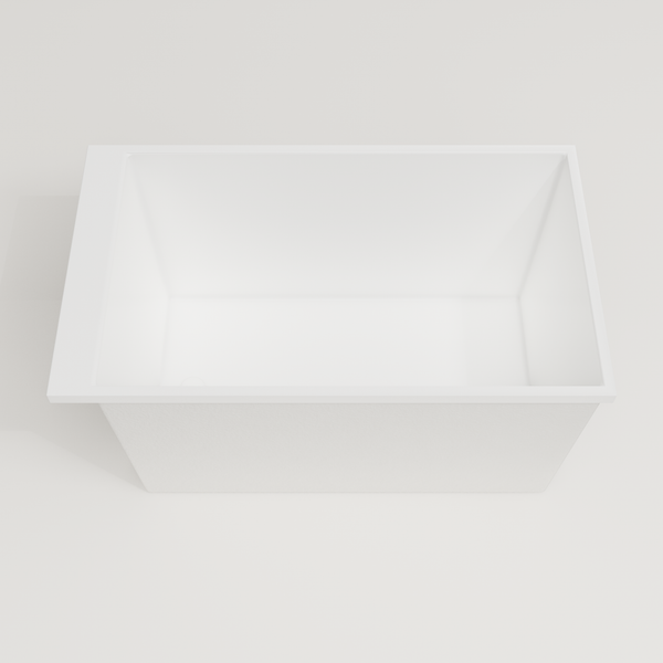 Omnitub Sheer 1200 deep soaking tub in white — 1200×700mm footprint, 600mm deep, looking into the deep well, handmade in Britain [render:3_deep_hero:nofeet]