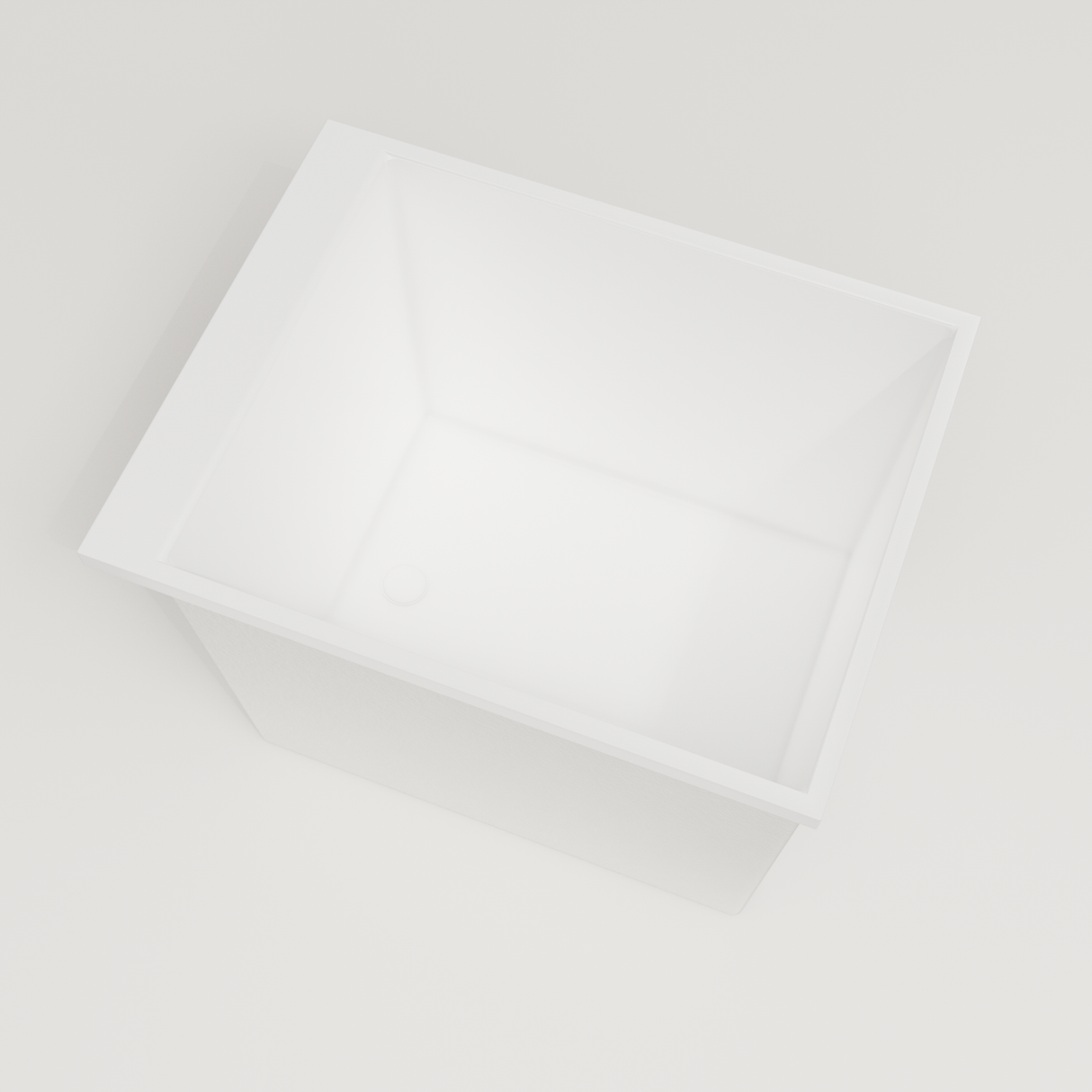 Omnitub Sheer 900 deep soaking tub in white — 900×700mm footprint, 600mm deep, steep near-vertical wall, handmade in Britain [render:4_steep_into_well:nofeet]