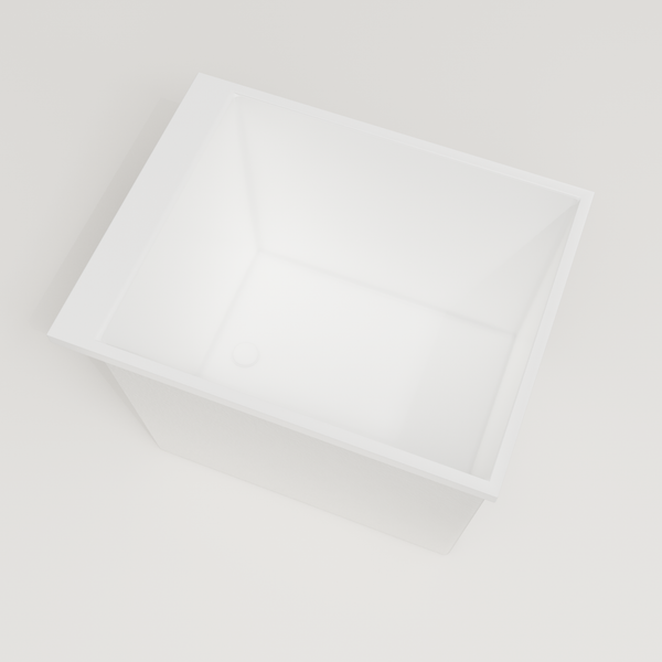 Omnitub Sheer 900 deep soaking tub in white — 900×700mm footprint, 600mm deep, steep near-vertical wall, handmade in Britain [render:4_steep_into_well:nofeet]