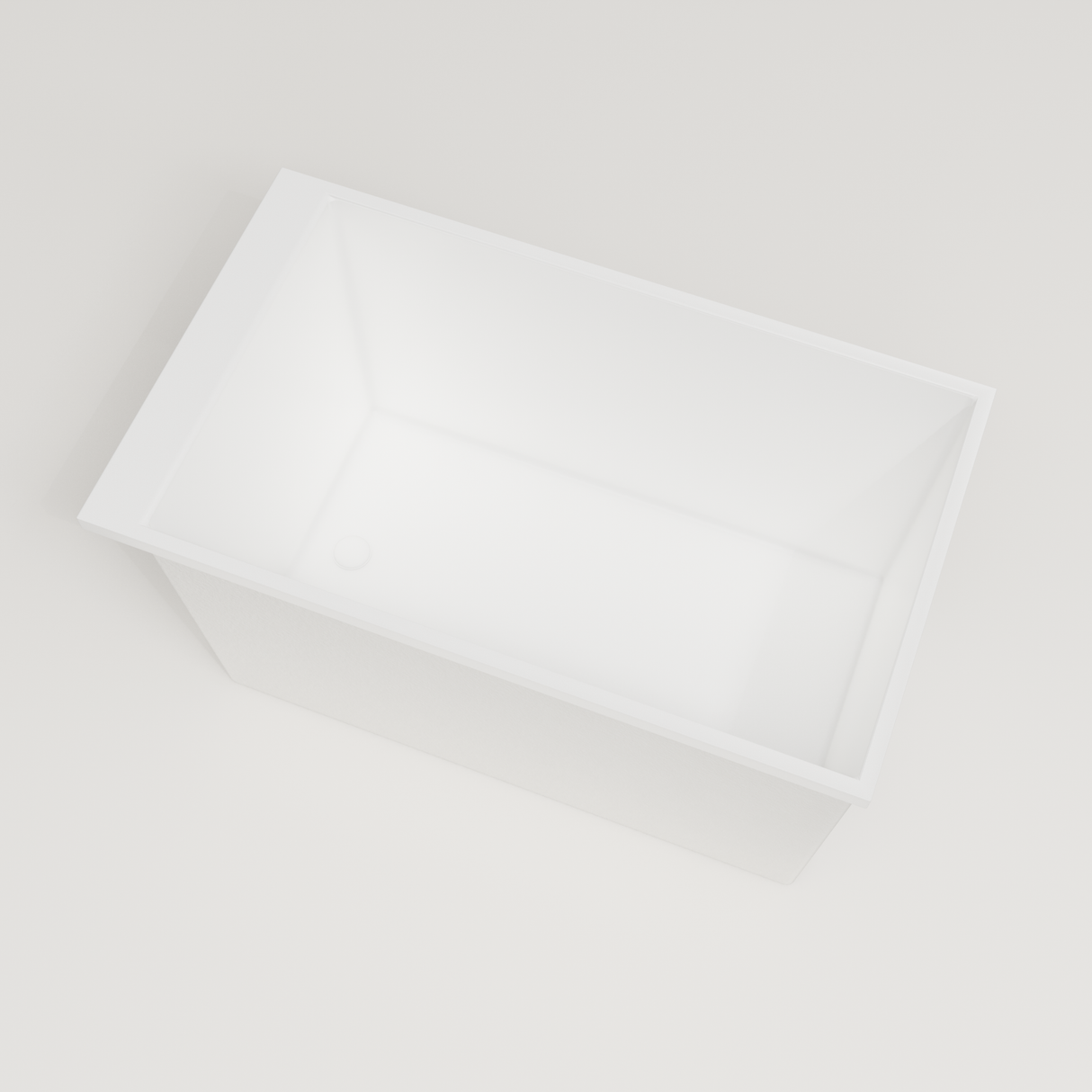 Omnitub Sheer 1200 deep soaking tub in white — 1200×700mm footprint, 600mm deep, steep near-vertical wall, handmade in Britain [render:4_steep_into_well:nofeet]