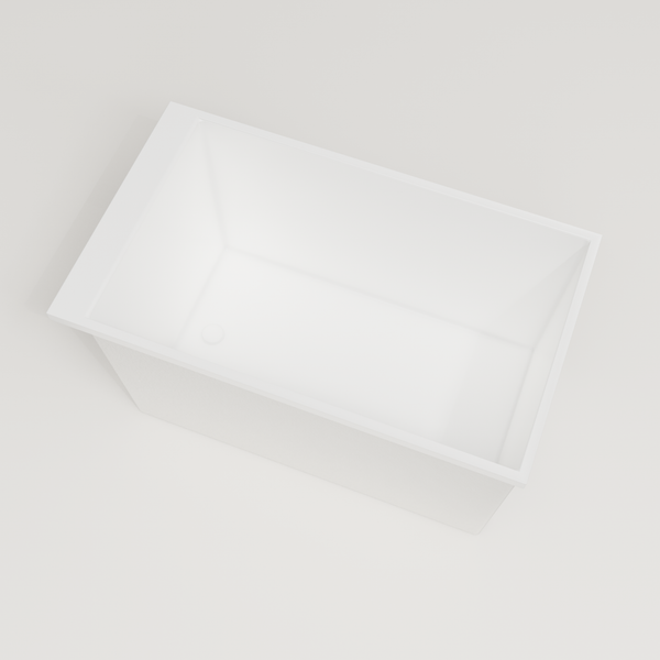 Omnitub Sheer 1200 deep soaking tub in white — 1200×700mm footprint, 600mm deep, steep near-vertical wall, handmade in Britain [render:4_steep_into_well:nofeet]