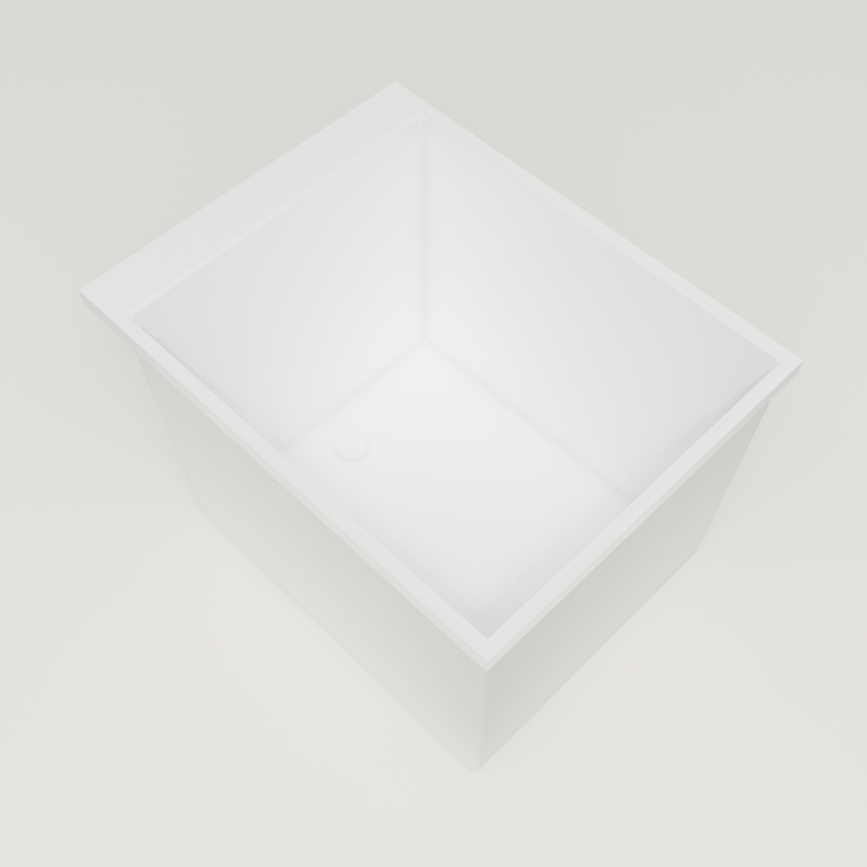Omnitub Sheer 900 deep soaking tub in white — 900×700mm footprint, 600mm deep, interior corner, handmade in Britain [render:5_interior_corner:nofeet]