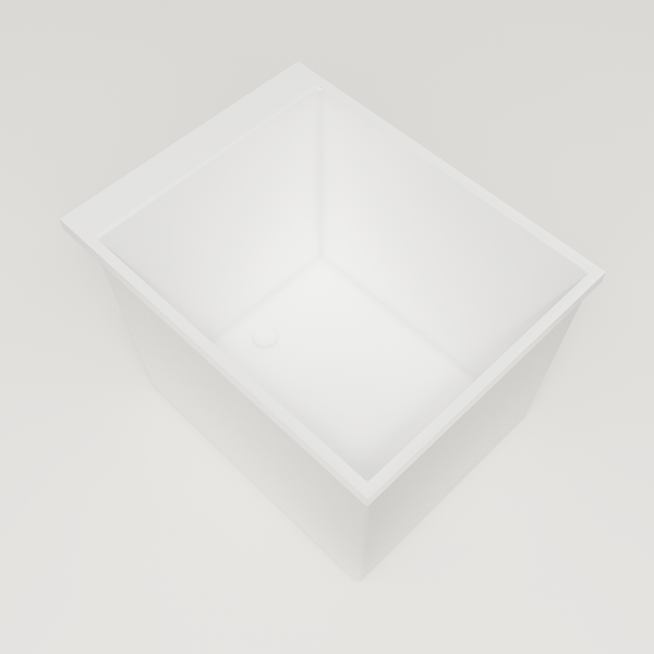 Omnitub Sheer 900 deep soaking tub in white — 900×700mm footprint, 600mm deep, interior corner, handmade in Britain [render:5_interior_corner:nofeet]