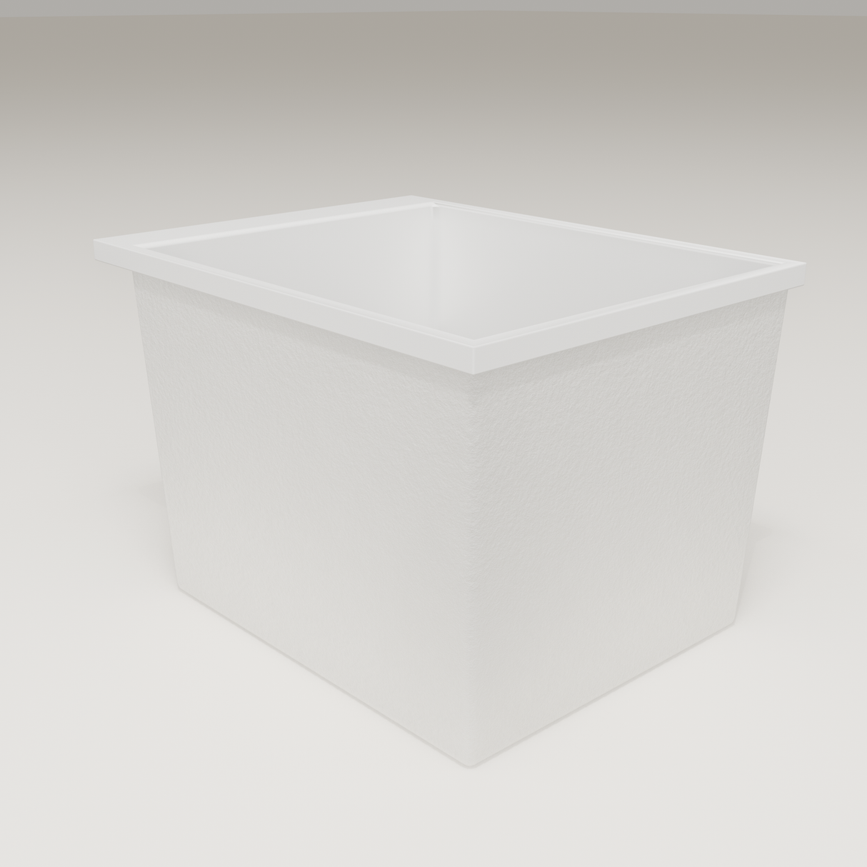 Omnitub Sheer 900 deep soaking tub in white — 900×700mm footprint, 600mm deep, three-quarter view, handmade in Britain [render:6_grounded:nofeet]