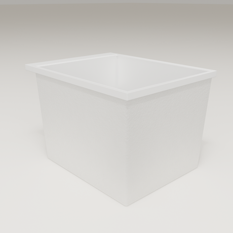 Omnitub Sheer 900 deep soaking tub in white — 900×700mm footprint, 600mm deep, three-quarter view, handmade in Britain [render:6_grounded:nofeet]