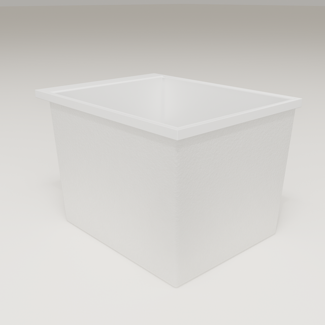 Omnitub Sheer 900 deep soaking tub in white — 900×700mm footprint, 600mm deep, three-quarter view, handmade in Britain [render:6_grounded:nofeet]