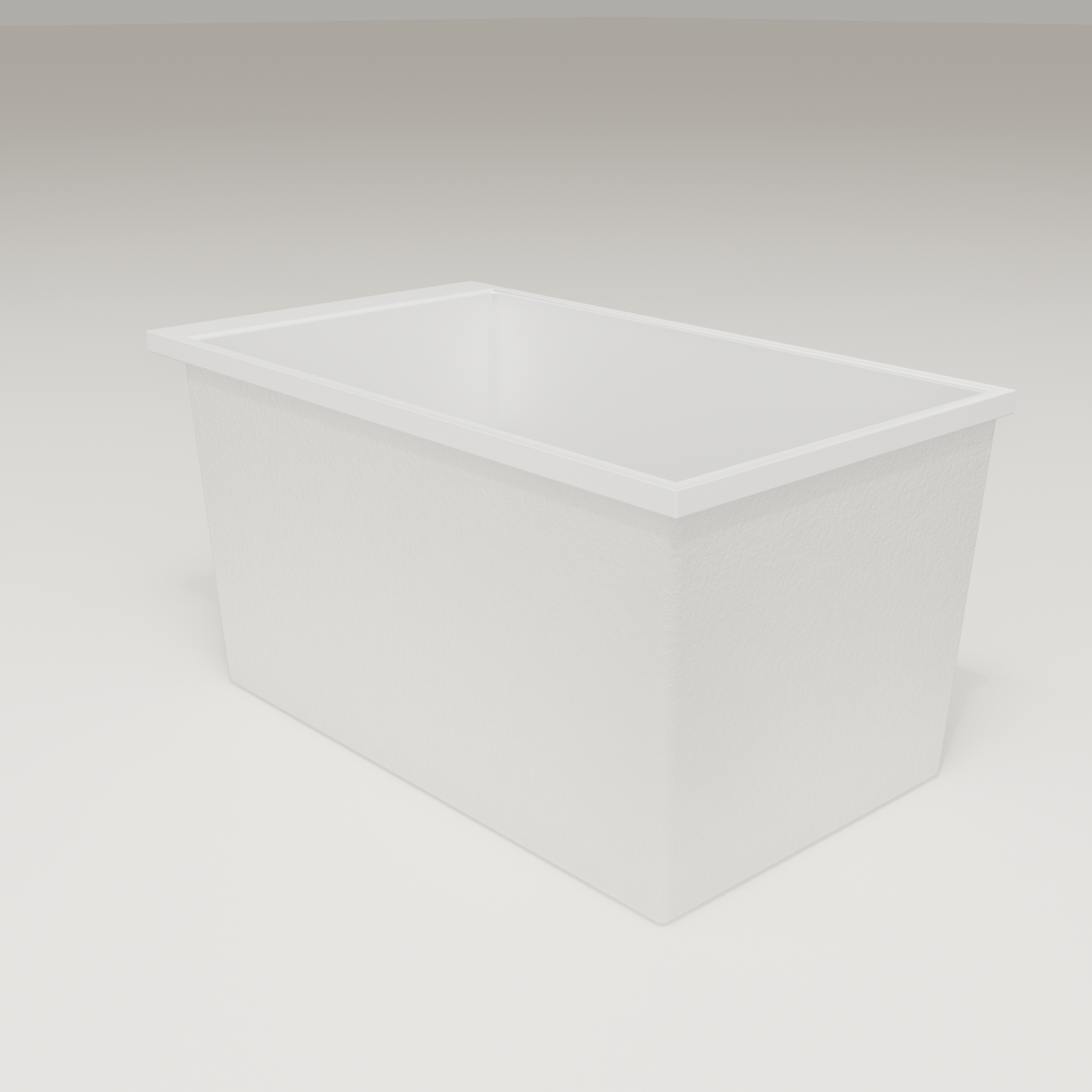 Omnitub Sheer 1200 deep soaking tub in white — 1200×700mm footprint, 600mm deep, three-quarter view, handmade in Britain [render:6_grounded:nofeet]