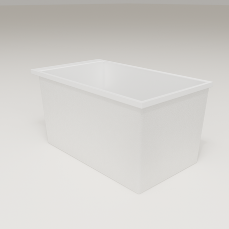 Omnitub Sheer 1200 deep soaking tub in white — 1200×700mm footprint, 600mm deep, three-quarter view, handmade in Britain [render:6_grounded:nofeet]