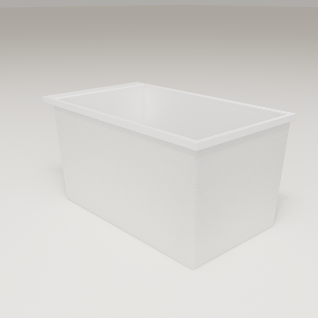 Omnitub Sheer 1200 deep soaking tub in white — 1200×700mm footprint, 600mm deep, three-quarter view, handmade in Britain [render:6_grounded:nofeet]