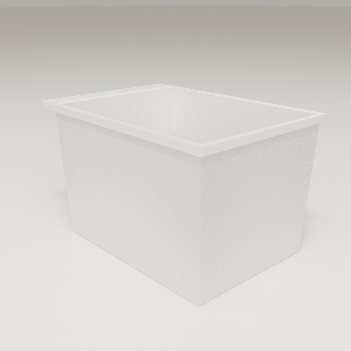 Omnitub Sheer 1000 deep soaking tub in white — 1000×700mm footprint, 600mm deep, three-quarter view, handmade in Britain [render:6_grounded:nofeet]